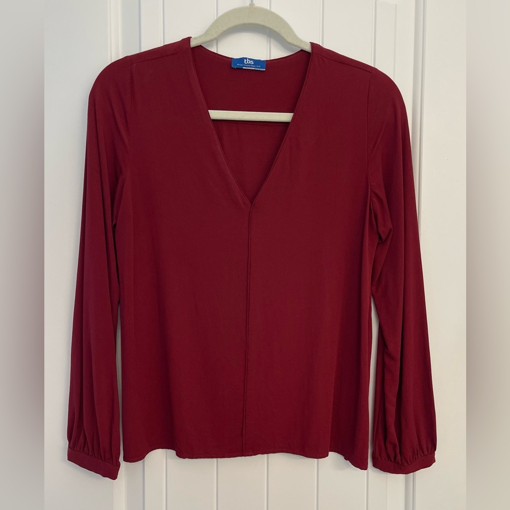 TBS deep red long sleeved v-neck blouse - size 6 US